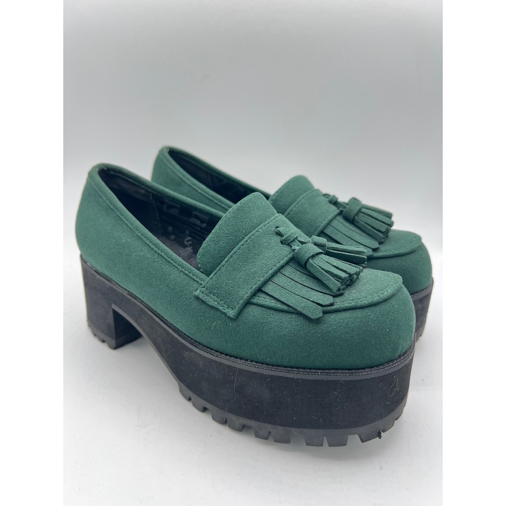 T.U.K Tassel Loafers Green Suede Platform Shoes Goth Punk Women's Sz 7 Chunky